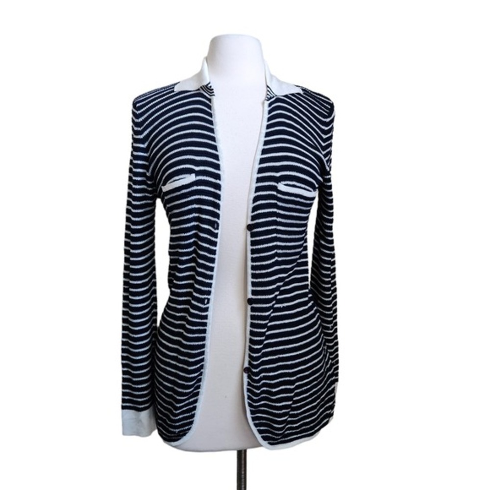 Armani Collezioni Cardigan Sweater Women 6 Long Open Collar Striped Navy Blue